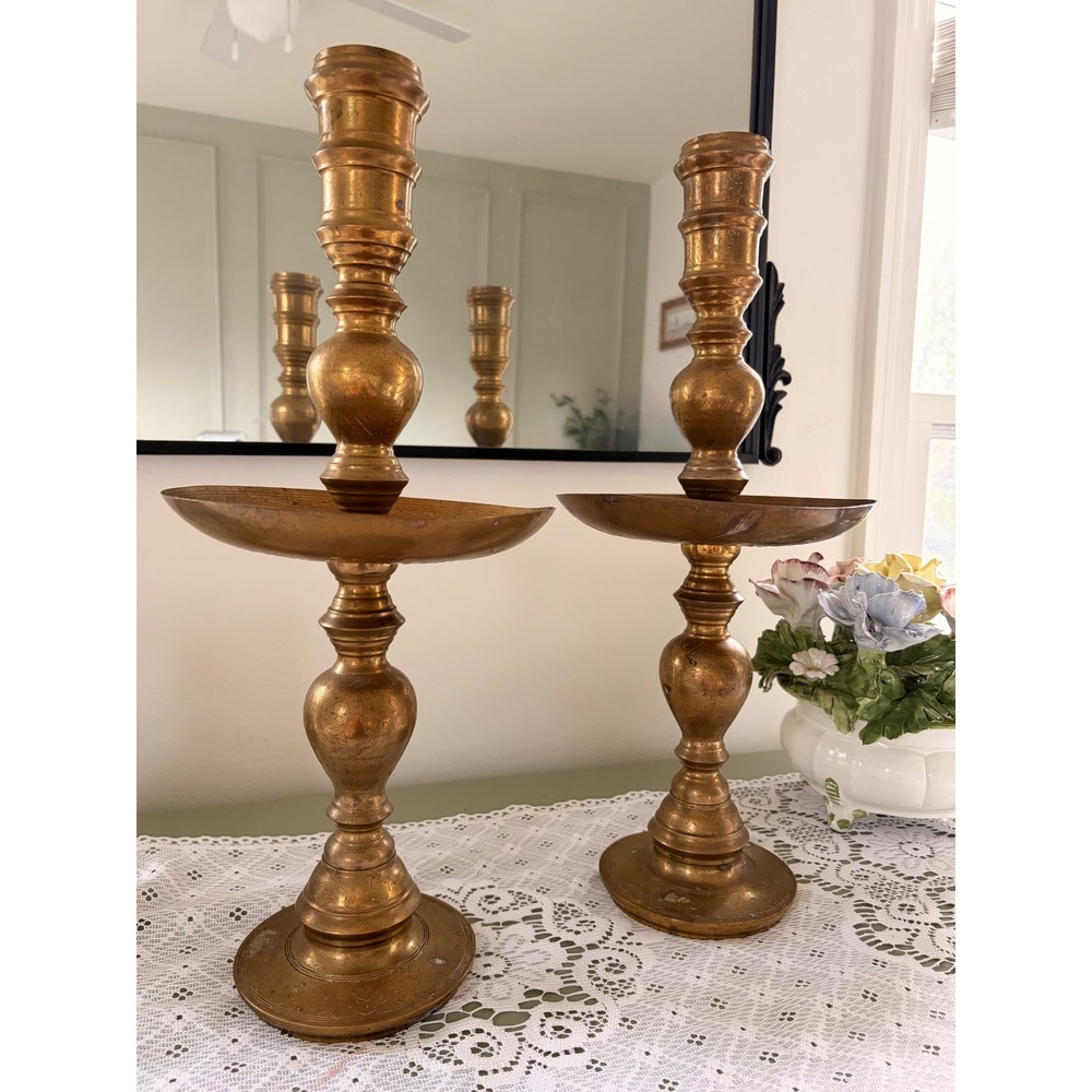 Pair of Vintage Brass Floor Candlesticks | Tall Ornate Candle Holders - Picture 2 of 7